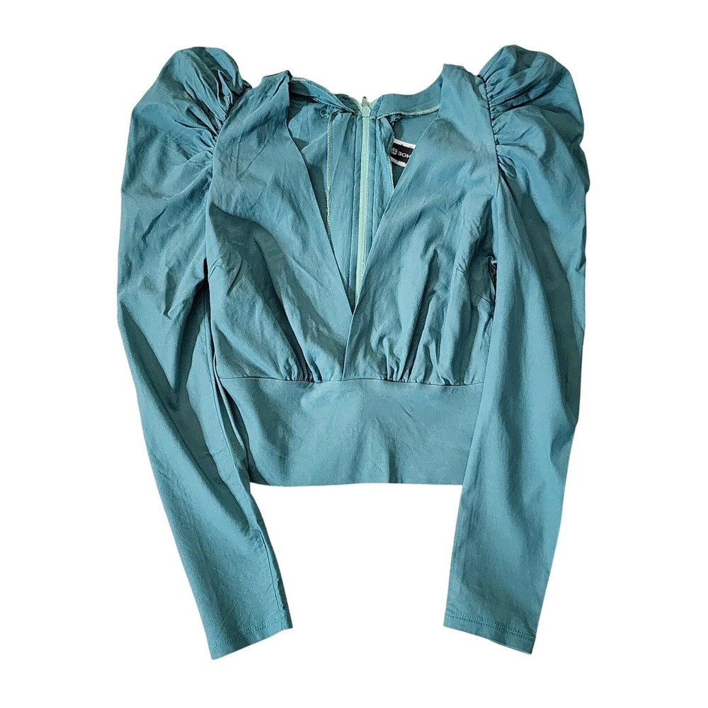 Puff Sleeve Top Long Sleeve Deep V-Neck‎ Teal Blue XS TAHOE